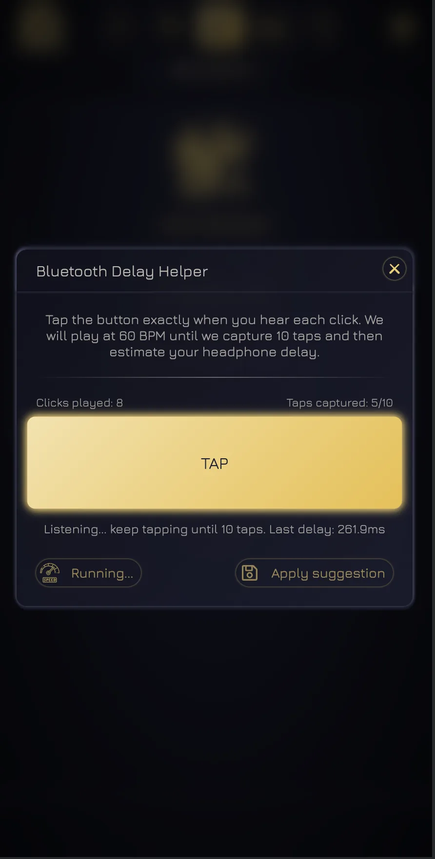 Bluetooth Delay Helper running a ten-tap headphone latency test