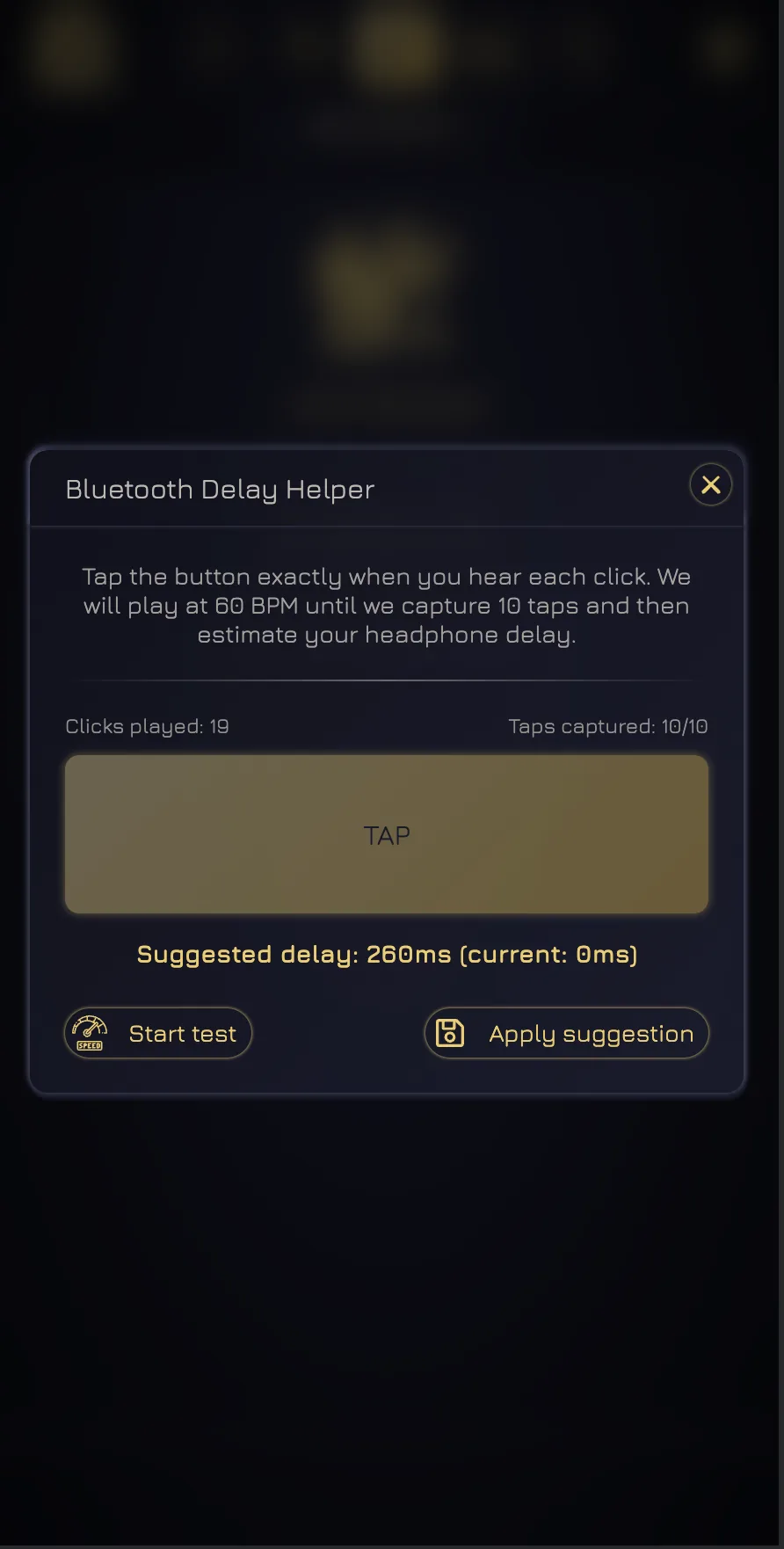 Bluetooth Delay Helper suggesting a 260 millisecond correction