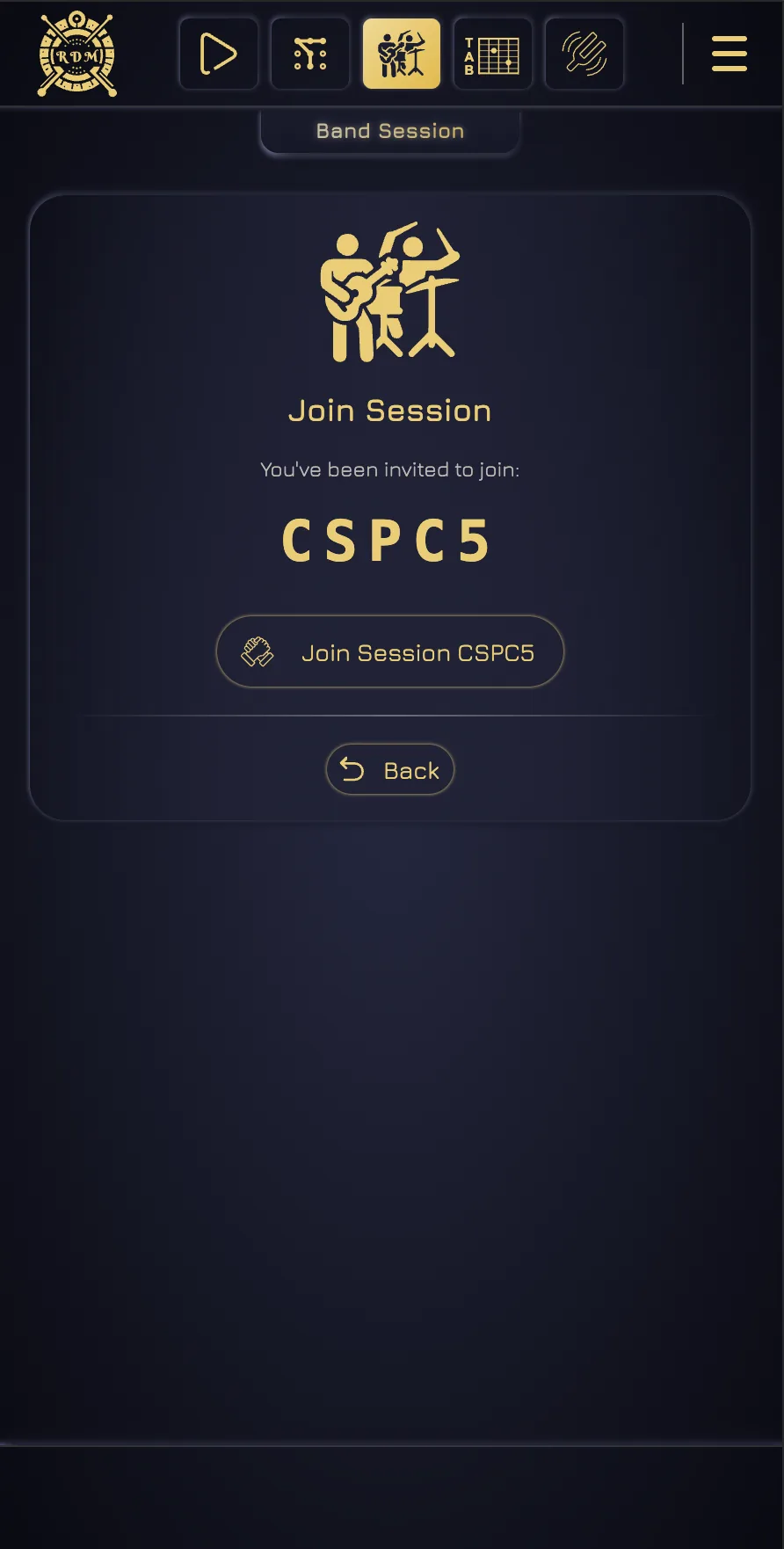 Band Session player invitation with room code CSPC5 and a Join Session button