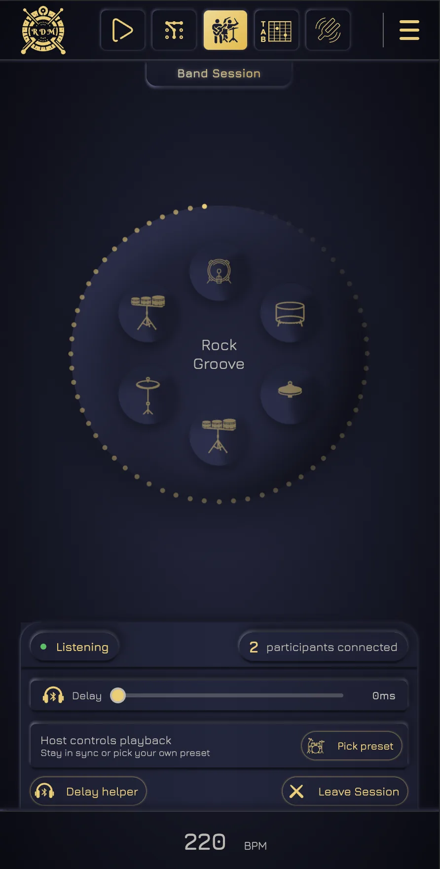 Player screen listening to Rock Groove at 220 BPM with two participants connected