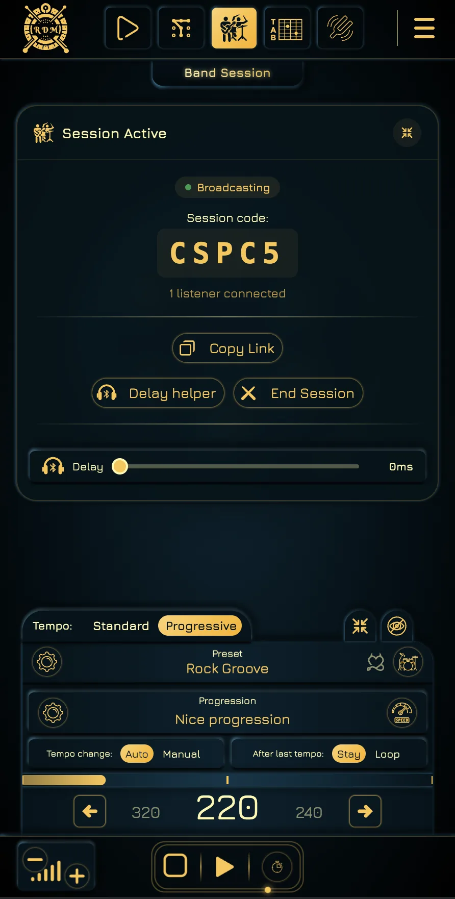 Host screen showing an active Band Session with one listener connected and progressive tempo selected