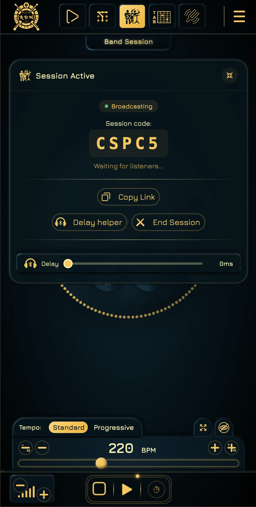 Band Session host screen broadcasting room code CSPC5 and offering a Copy Link action