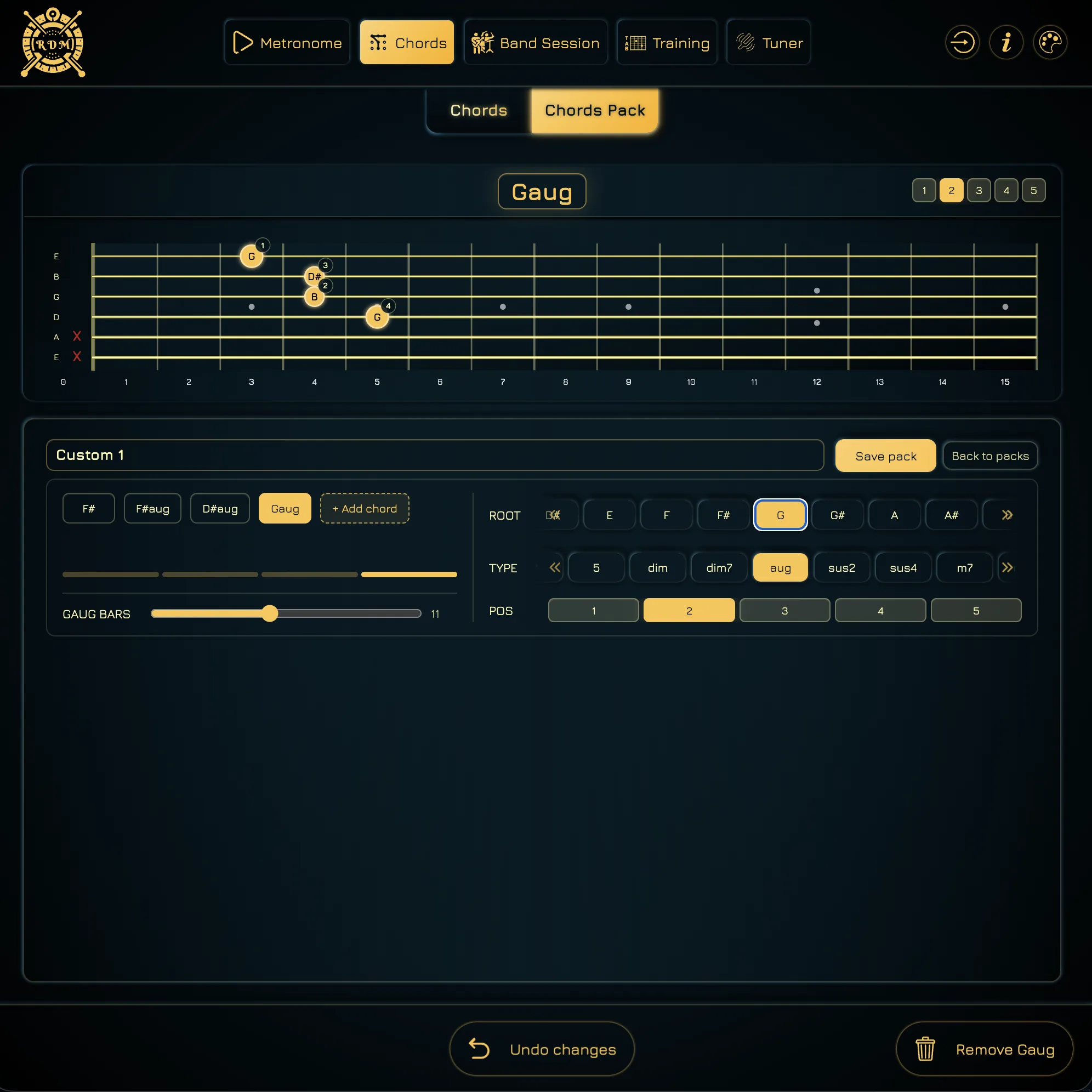 Custom chord pack editor with a G augmented voicing and queued chords