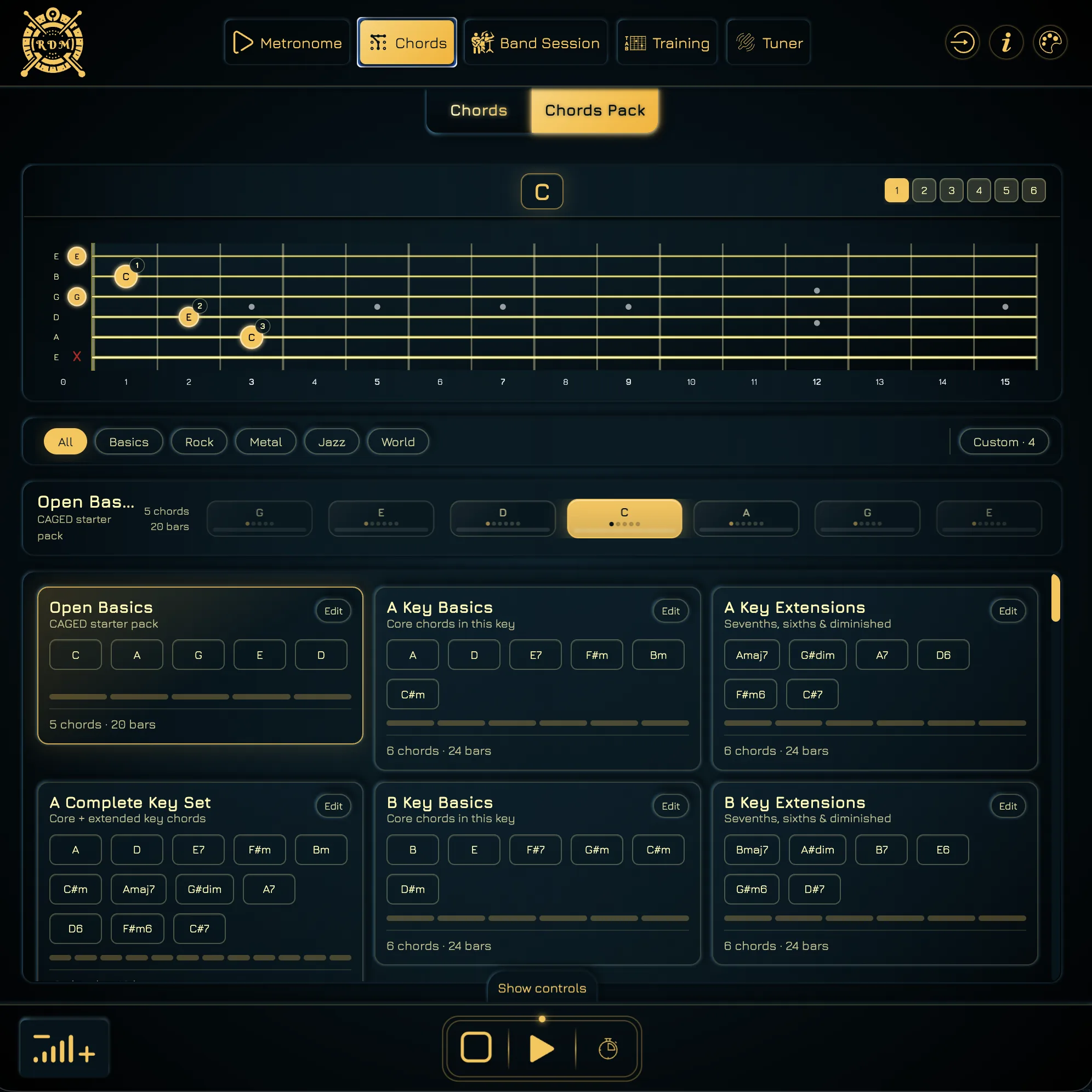 Chord Pack view with a C major fretboard and practice-ready chord collections
