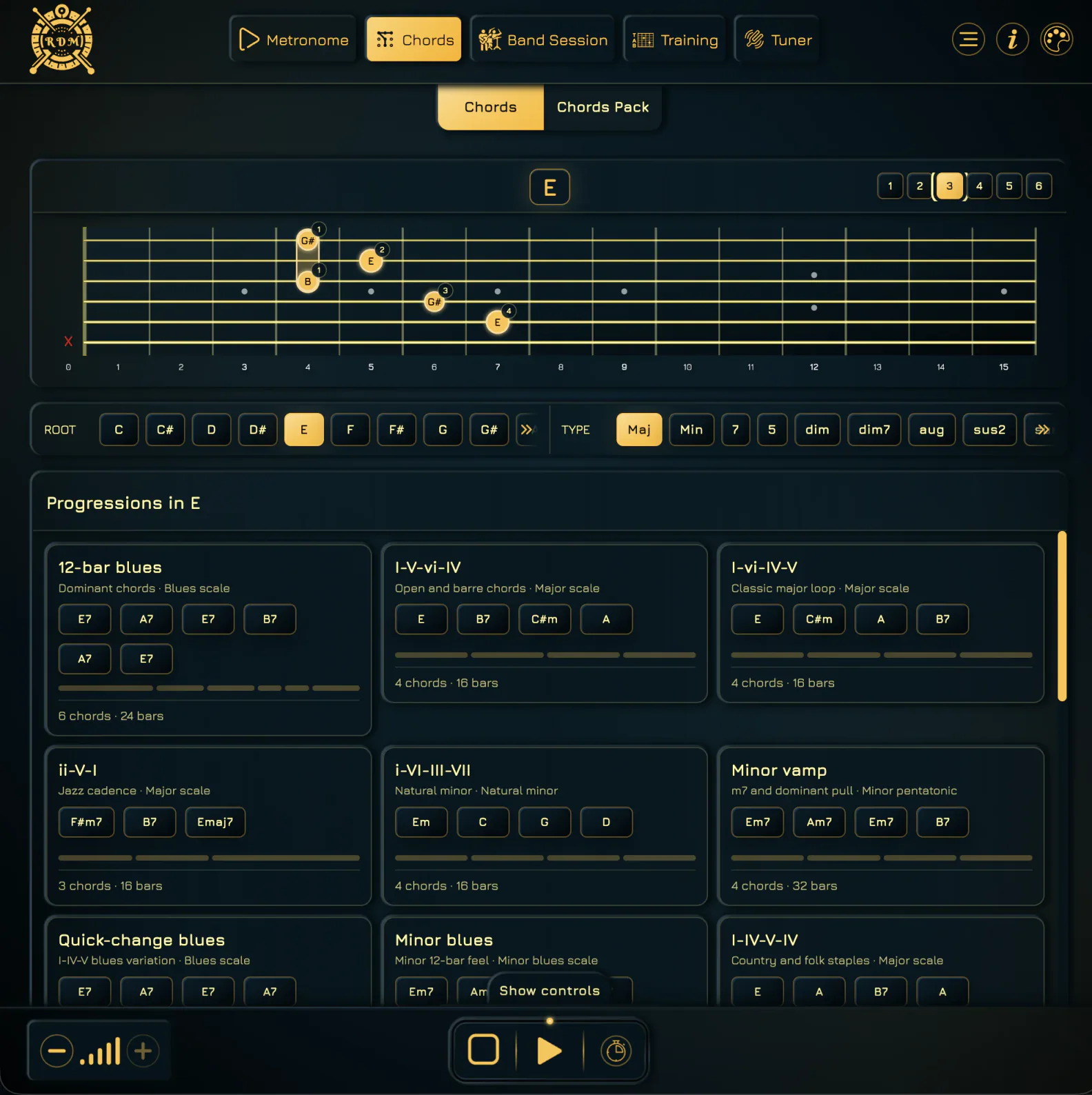 Chord finder showing an E major voicing, root and chord-type selectors, and progressions in E