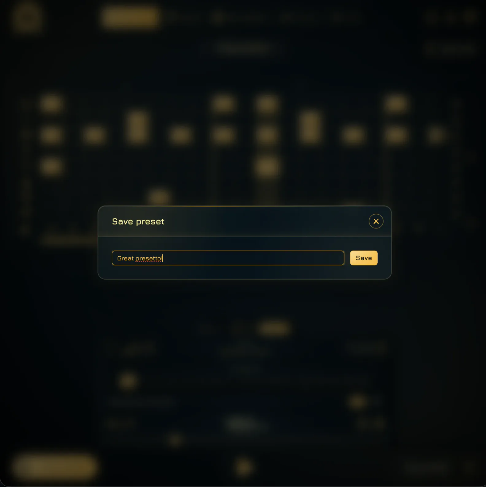 Save preset dialog with a name field and Save button over the drum pattern editor