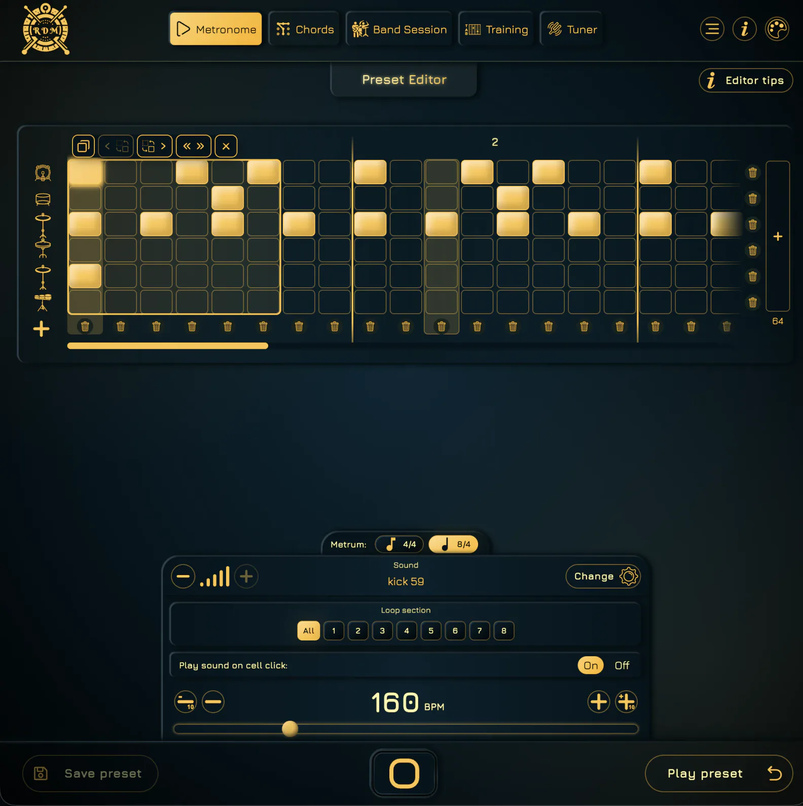 Drum preset editor with a step grid, instrument rows and tempo controls