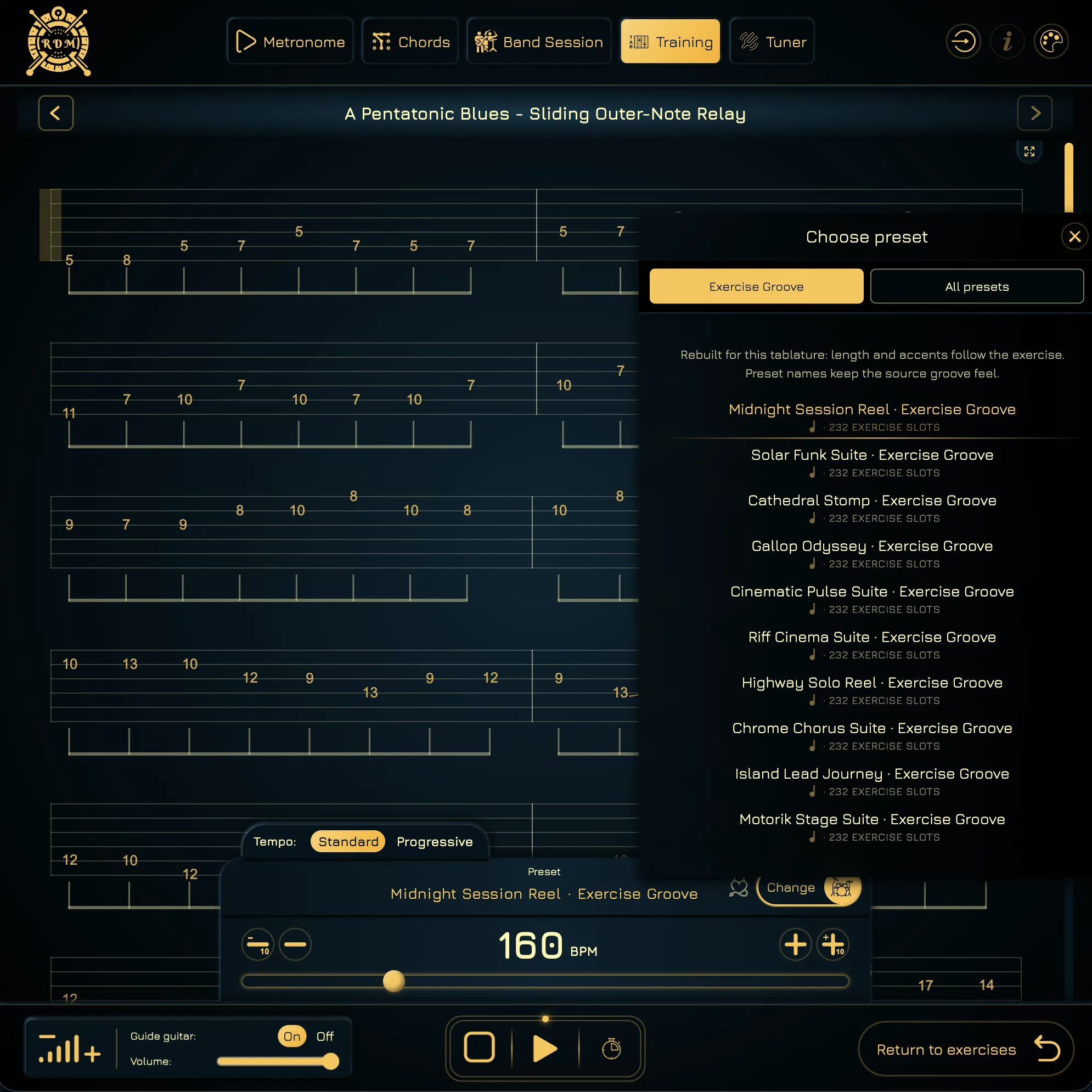 Guitar scale tablature with a preset panel showing exercise-specific grooves and an All presets option