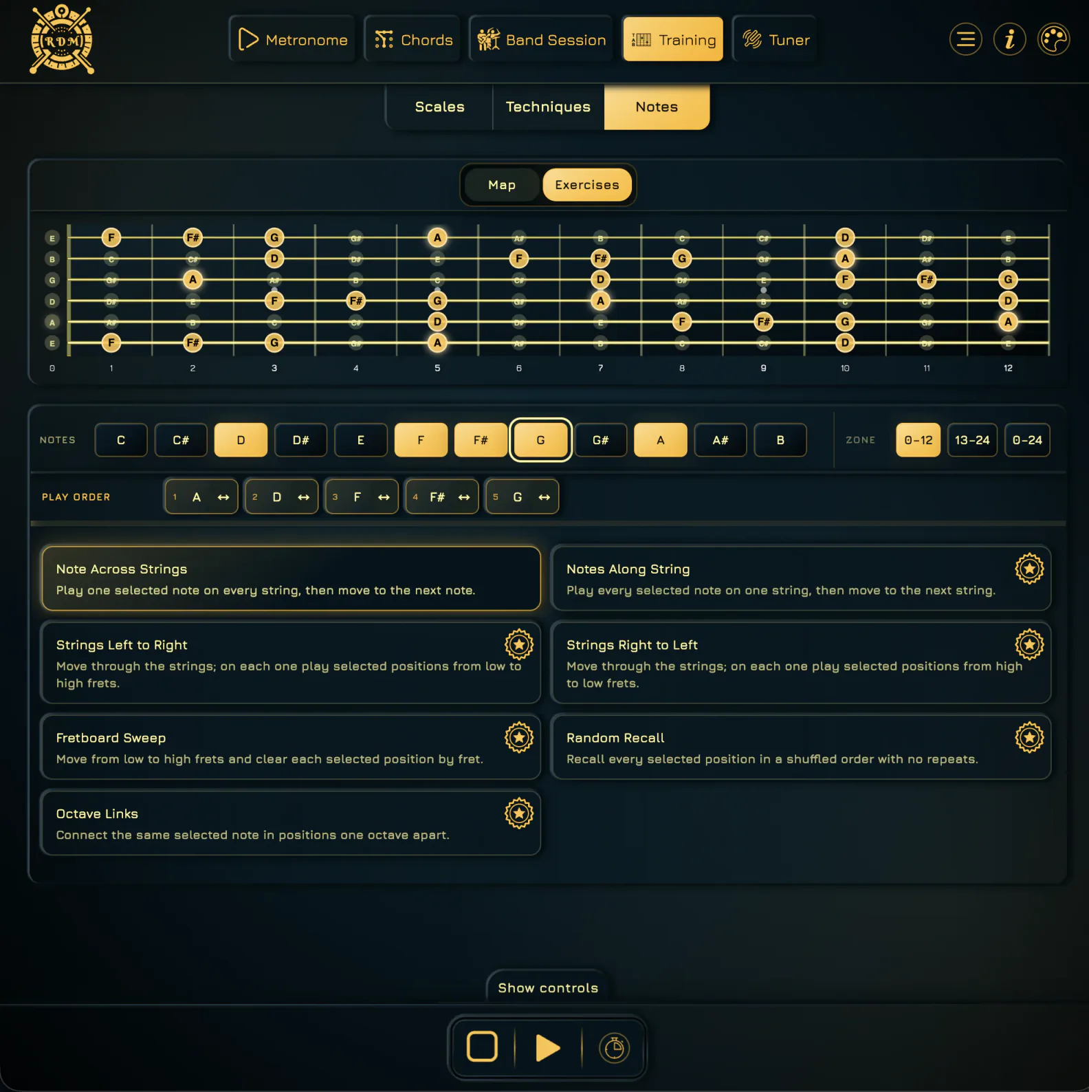 Note exercises with D, F, F sharp, G and A selected, a configurable play order and seven recall routes
