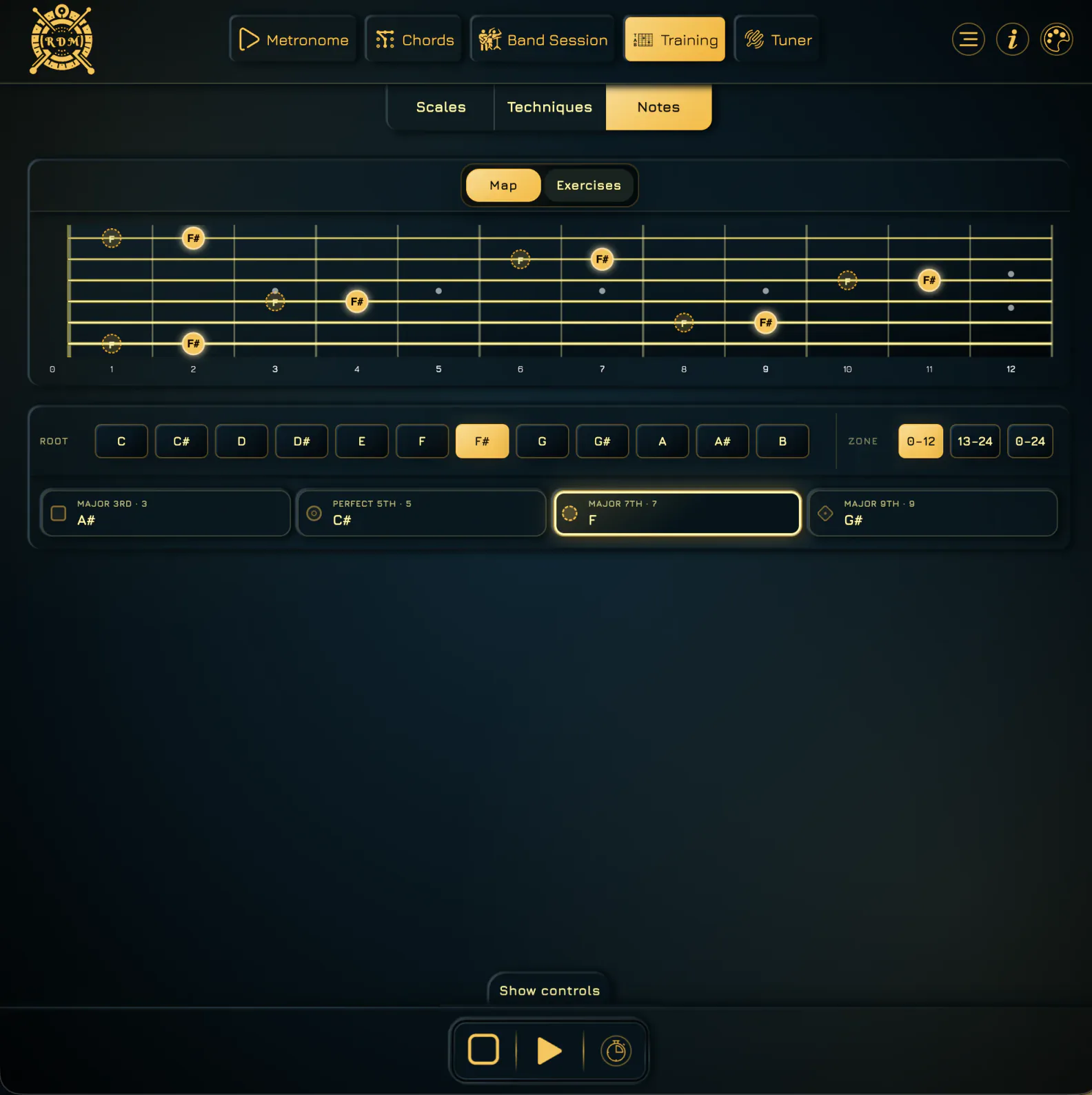 Fretboard map highlighting F sharp across frets 0–12 with the major seventh interval overlay selected