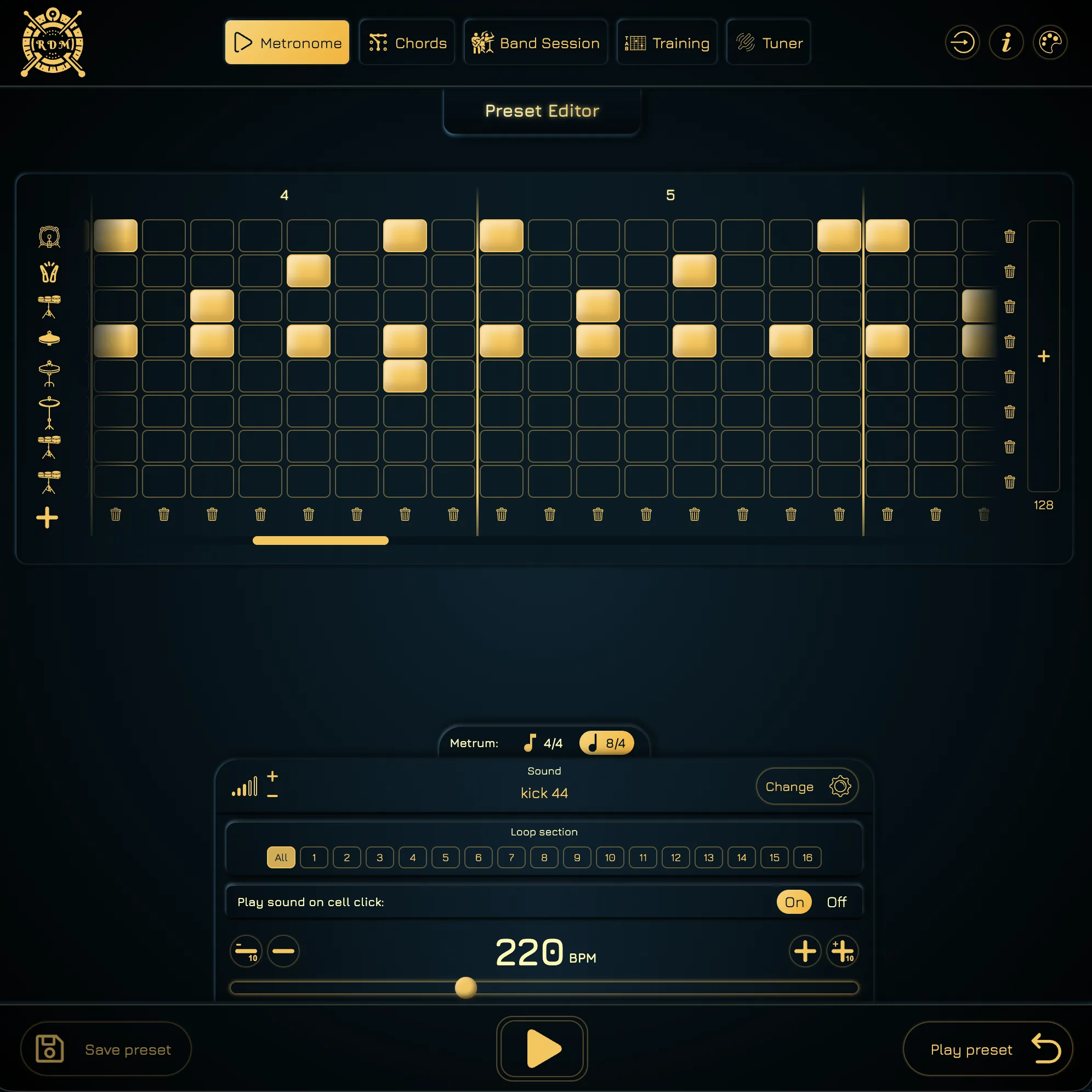 Drum preset editor with a step grid, instrument rows and tempo controls