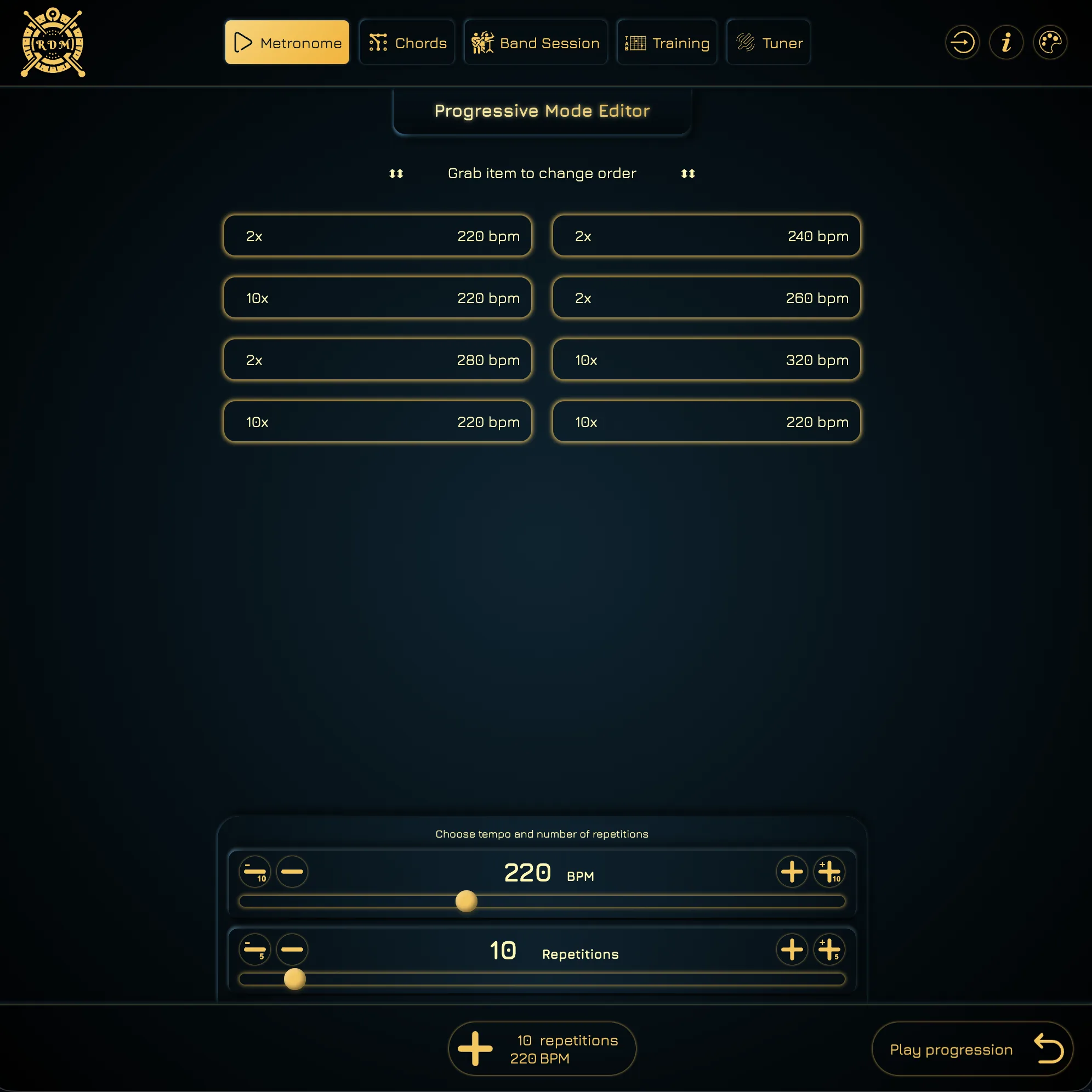 Progression editor with five BPM stages and repetition controls