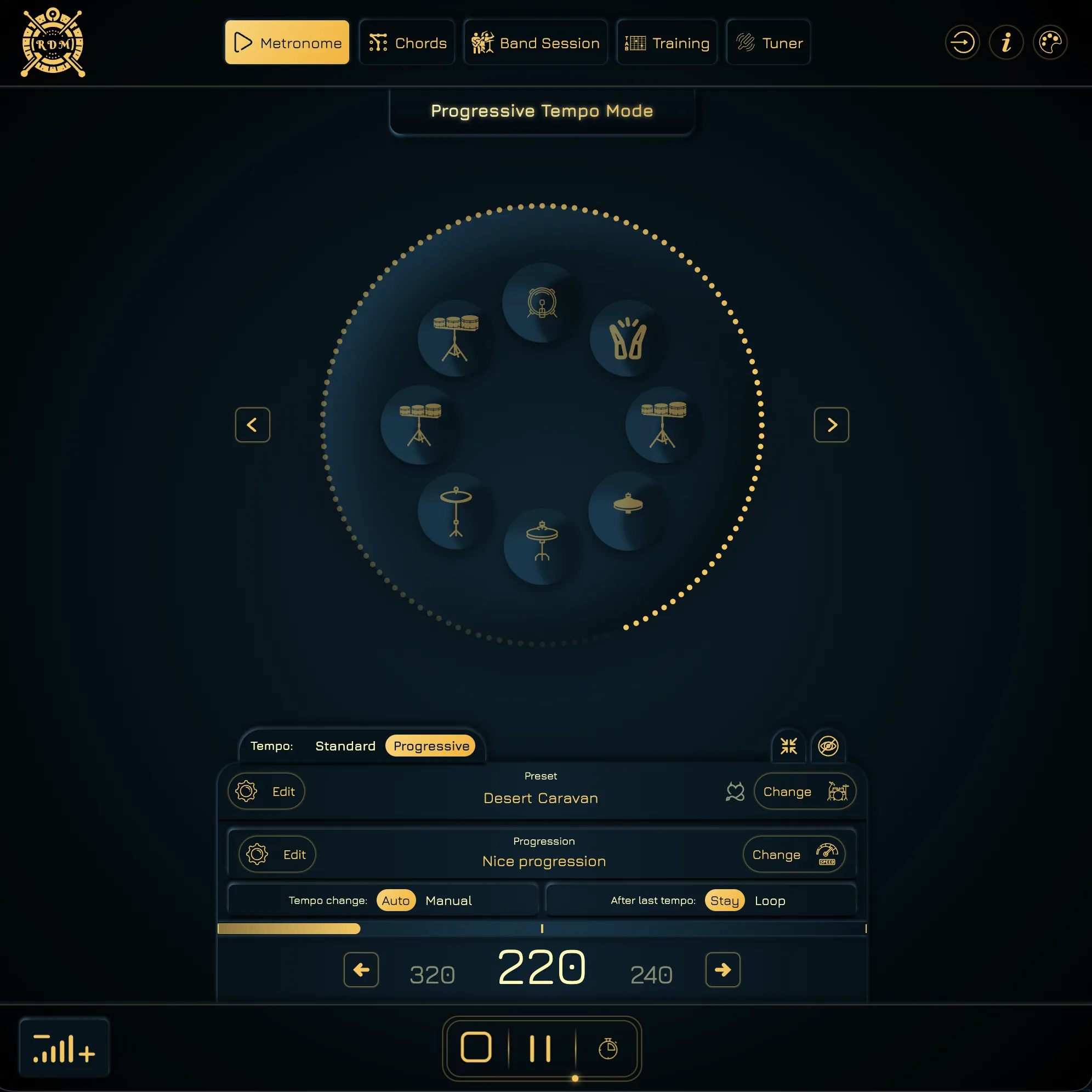 Progressive metronome showing a multi-stage tempo routine and playback controls