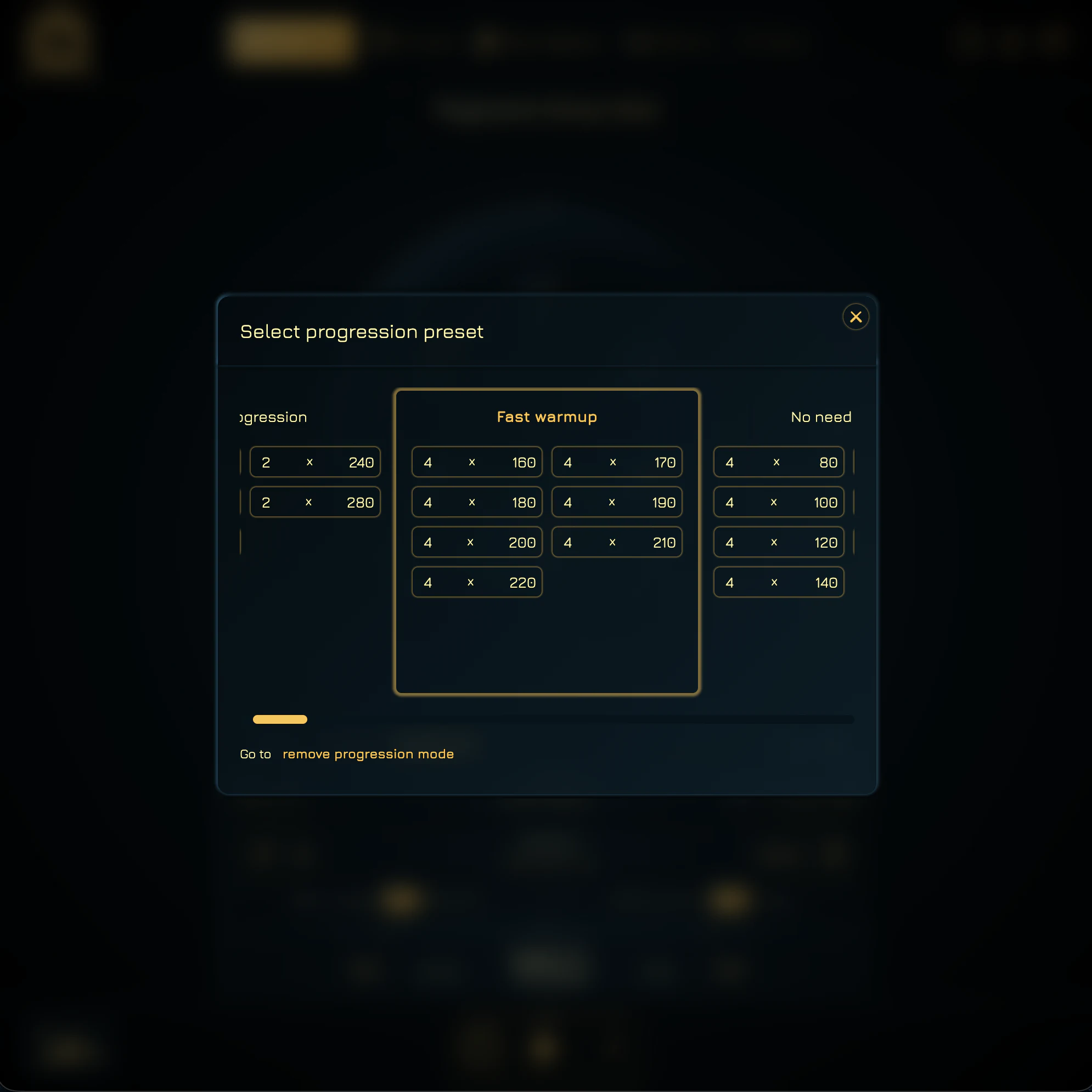 Progression preset picker showing built-in tempo workouts including Fast warmup