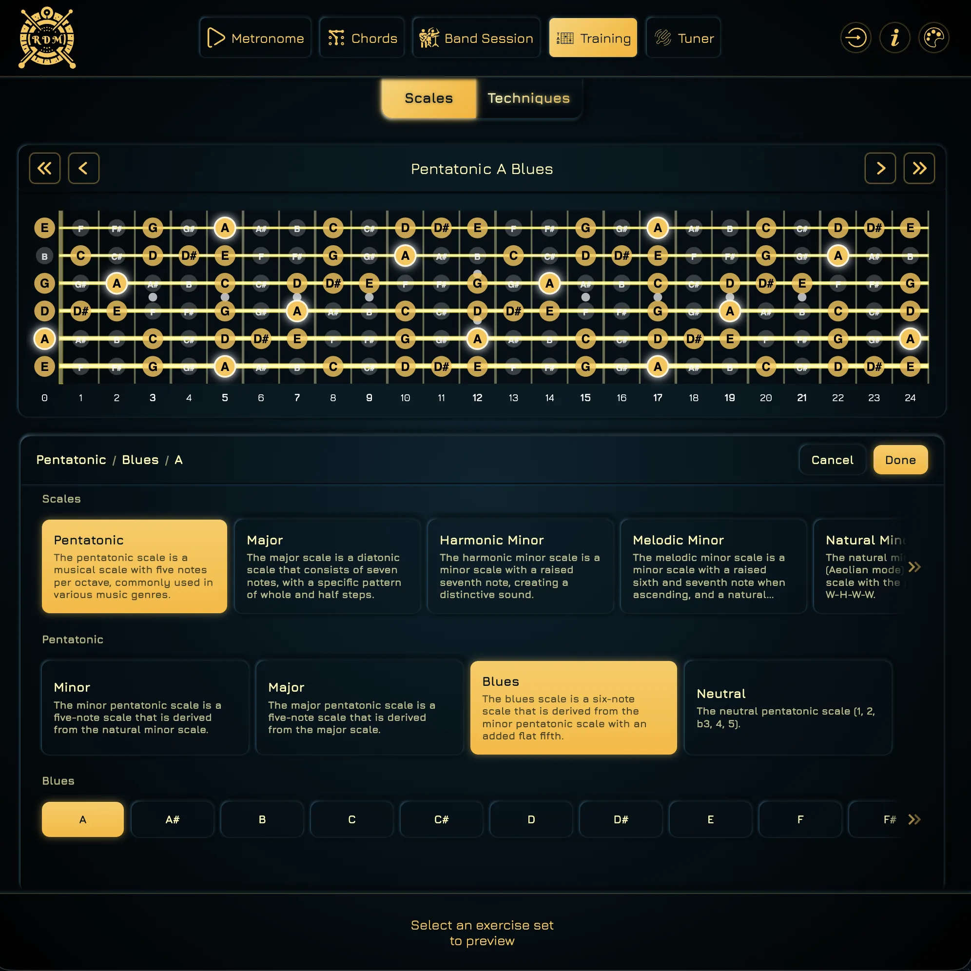 Scale selector showing scale families, modes and root notes