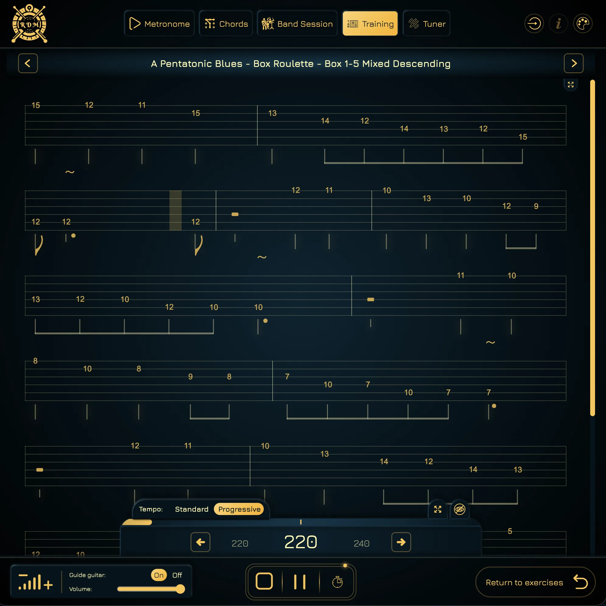 Blues pentatonic tablature synchronized with progressive tempo controls