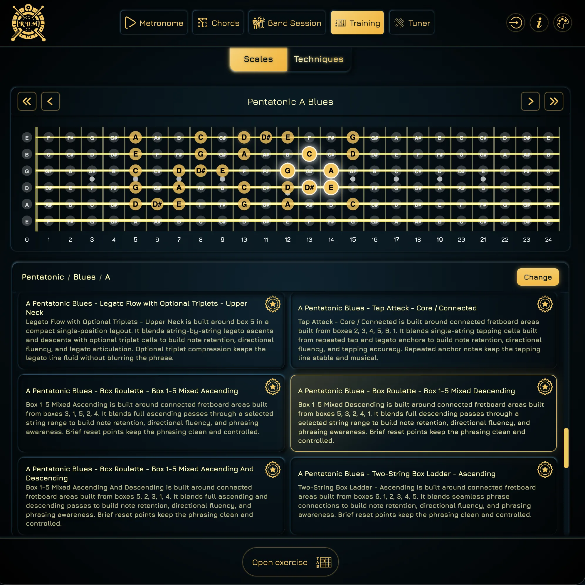 A blues pentatonic fretboard with several focused practice exercises