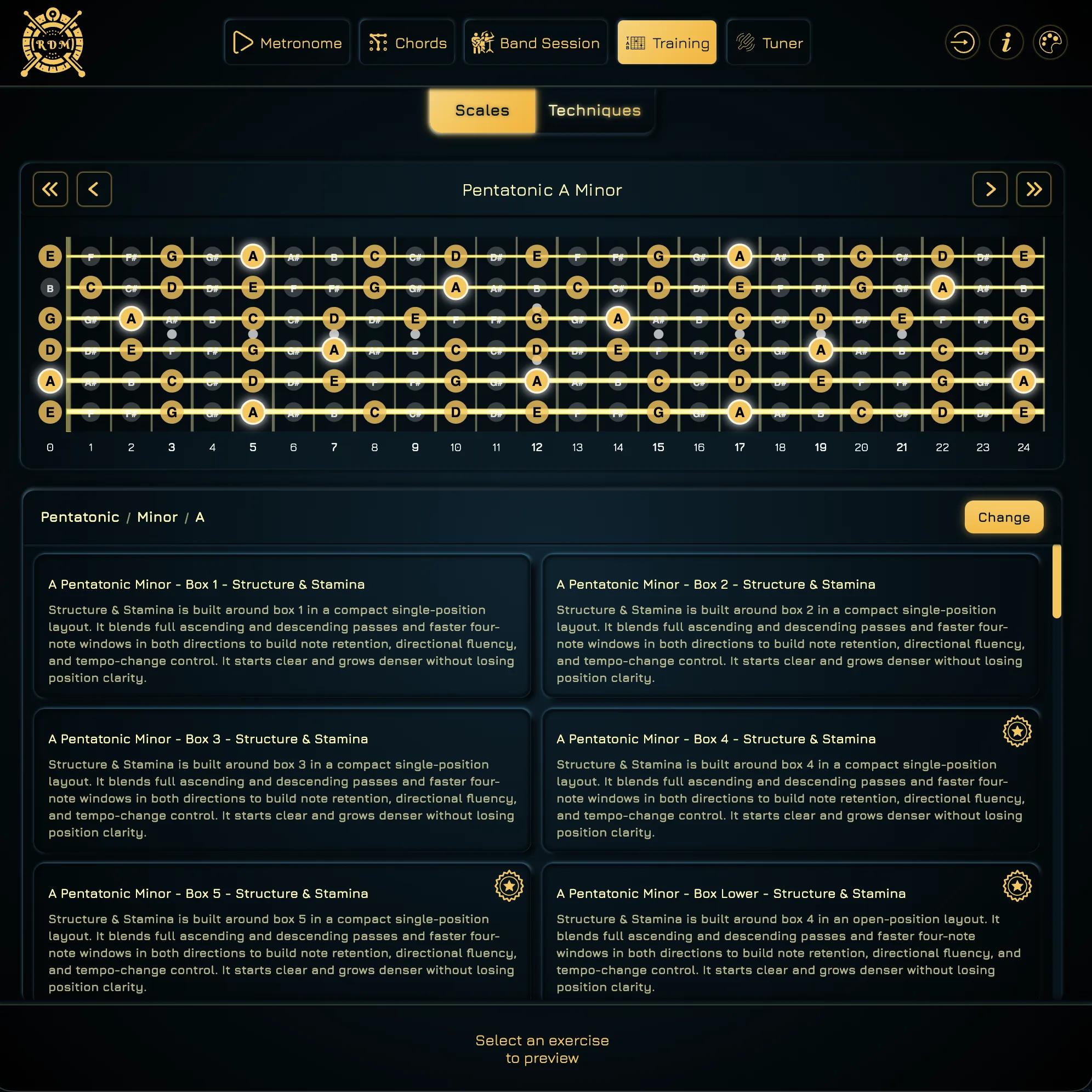 A minor pentatonic fretboard with a library of matching exercises