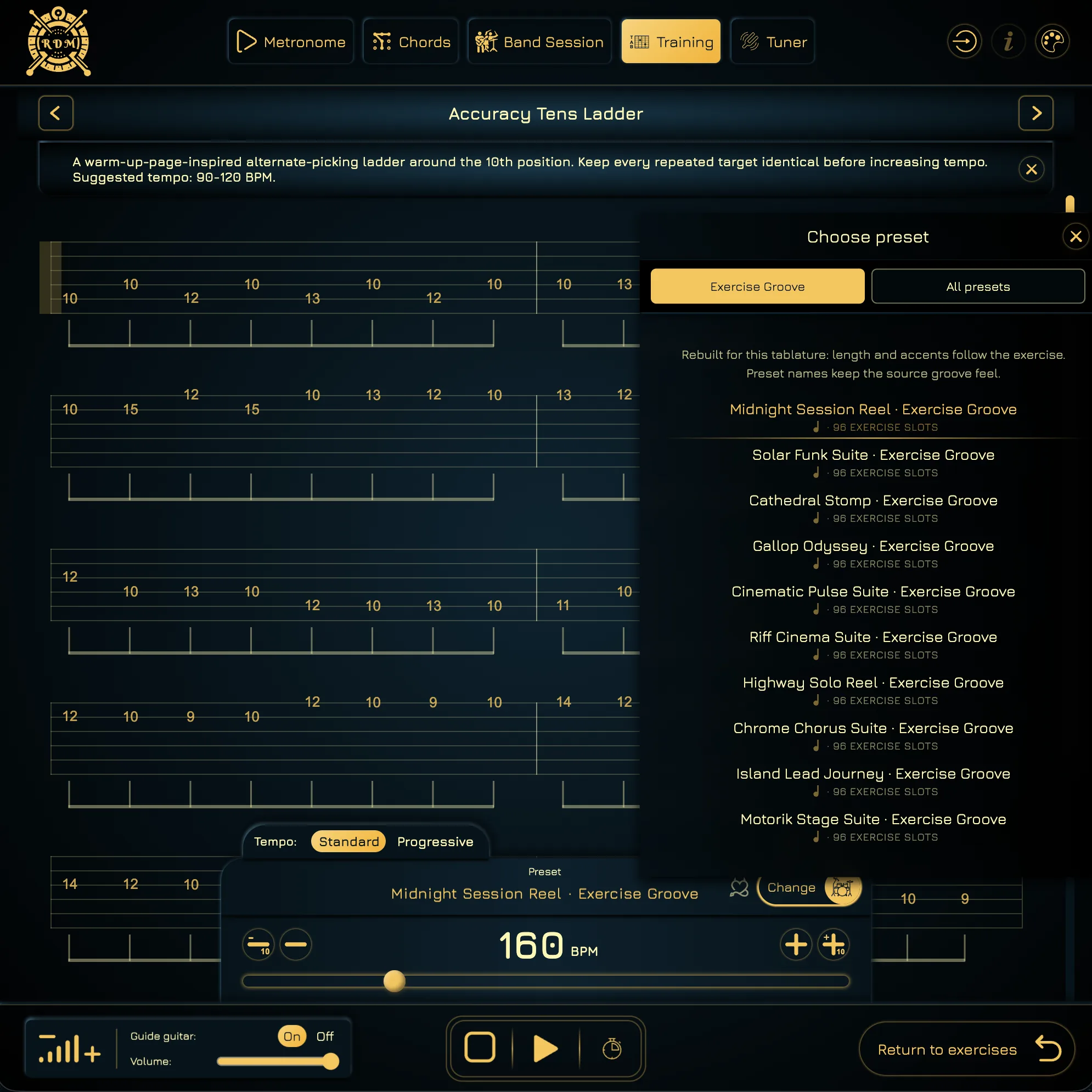 Guitar technique tablature with a preset panel showing exercise-specific grooves and an All presets option