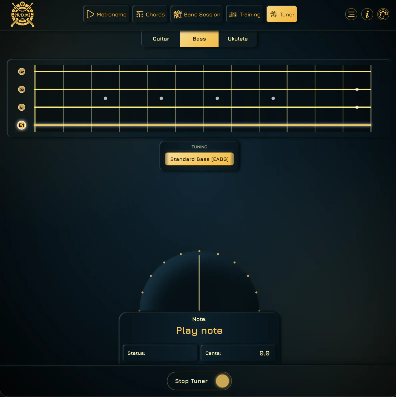 Bass tuner with four strings, standard EADG tuning and the pitch meter ready to listen