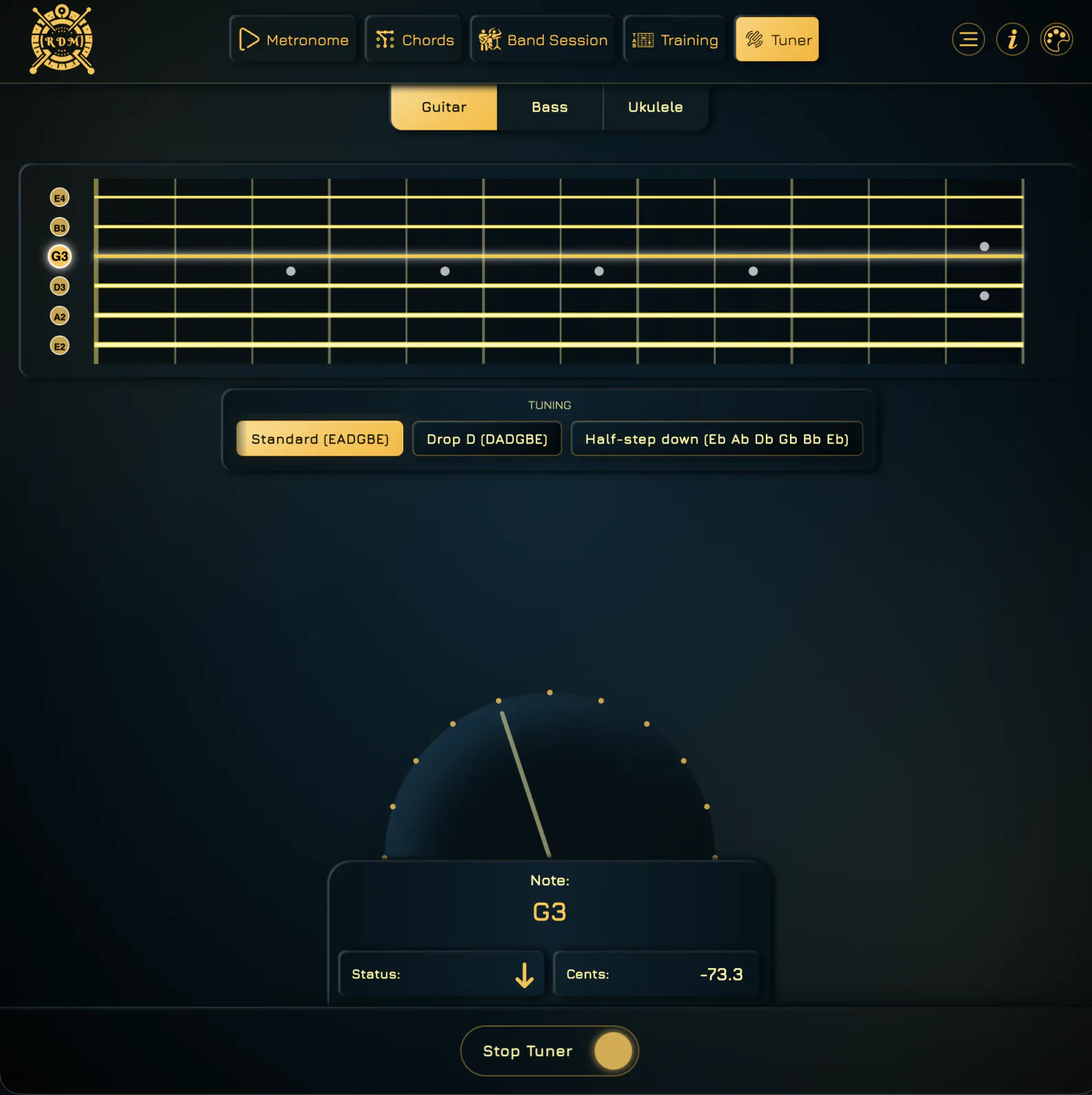 Guitar tuner in standard tuning detecting G3 and showing cents feedback