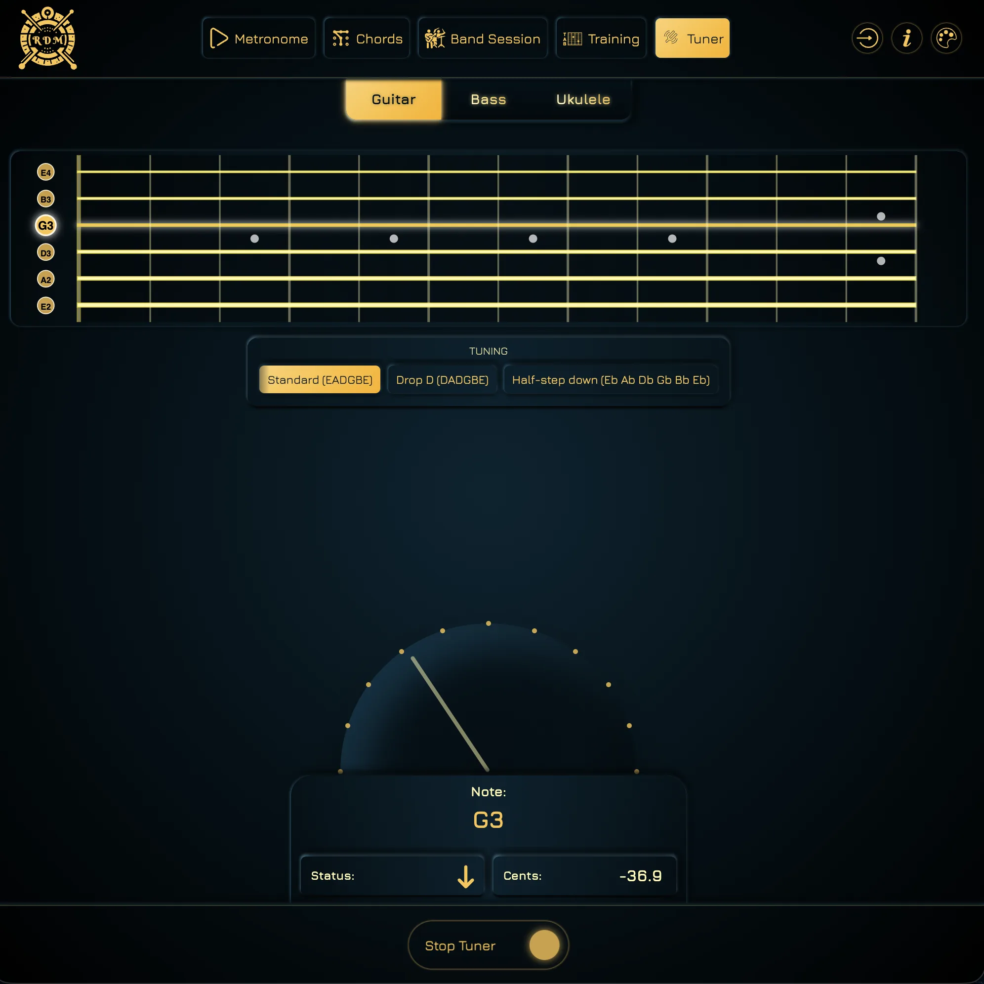 Guitar tuner in standard tuning detecting G3 and showing cents feedback