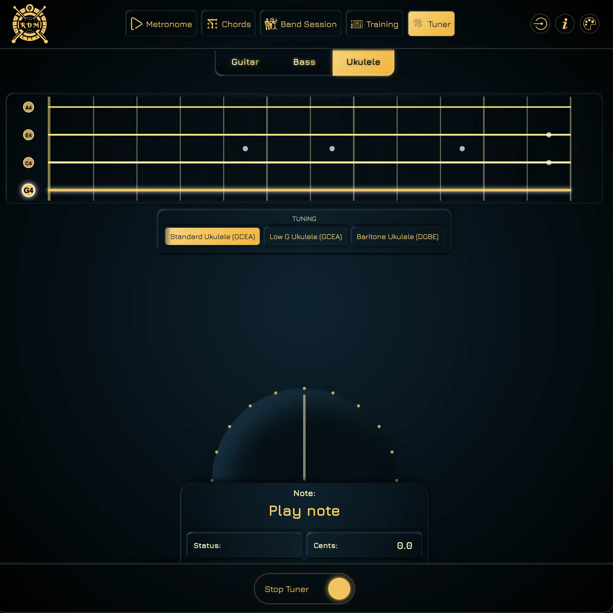 Ukulele tuner with standard, low G and baritone tuning options
